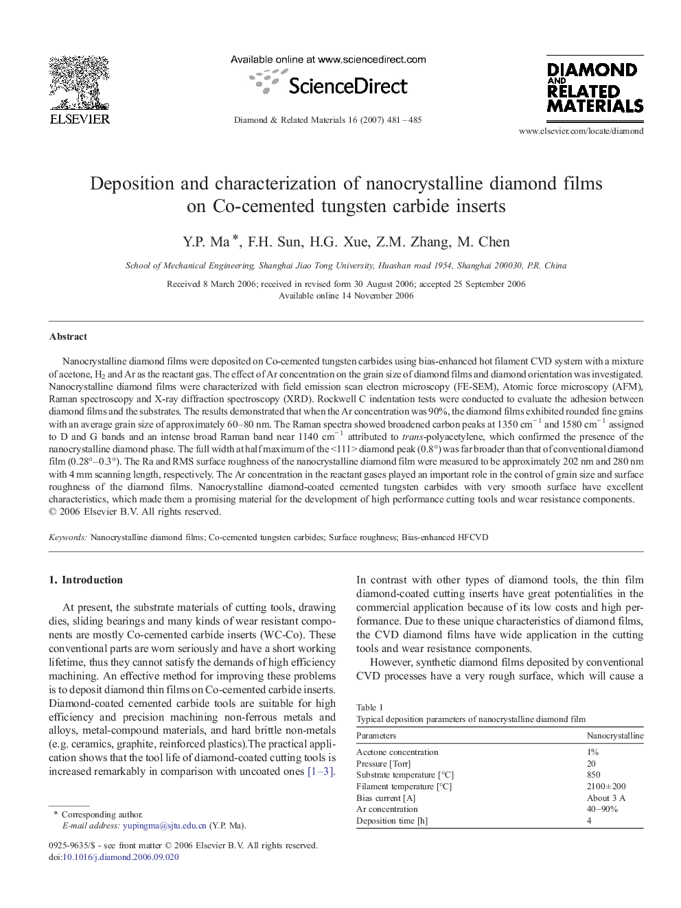 Deposition and characterization of nanocrystalline diamond films on Co-cemented tungsten carbide inserts