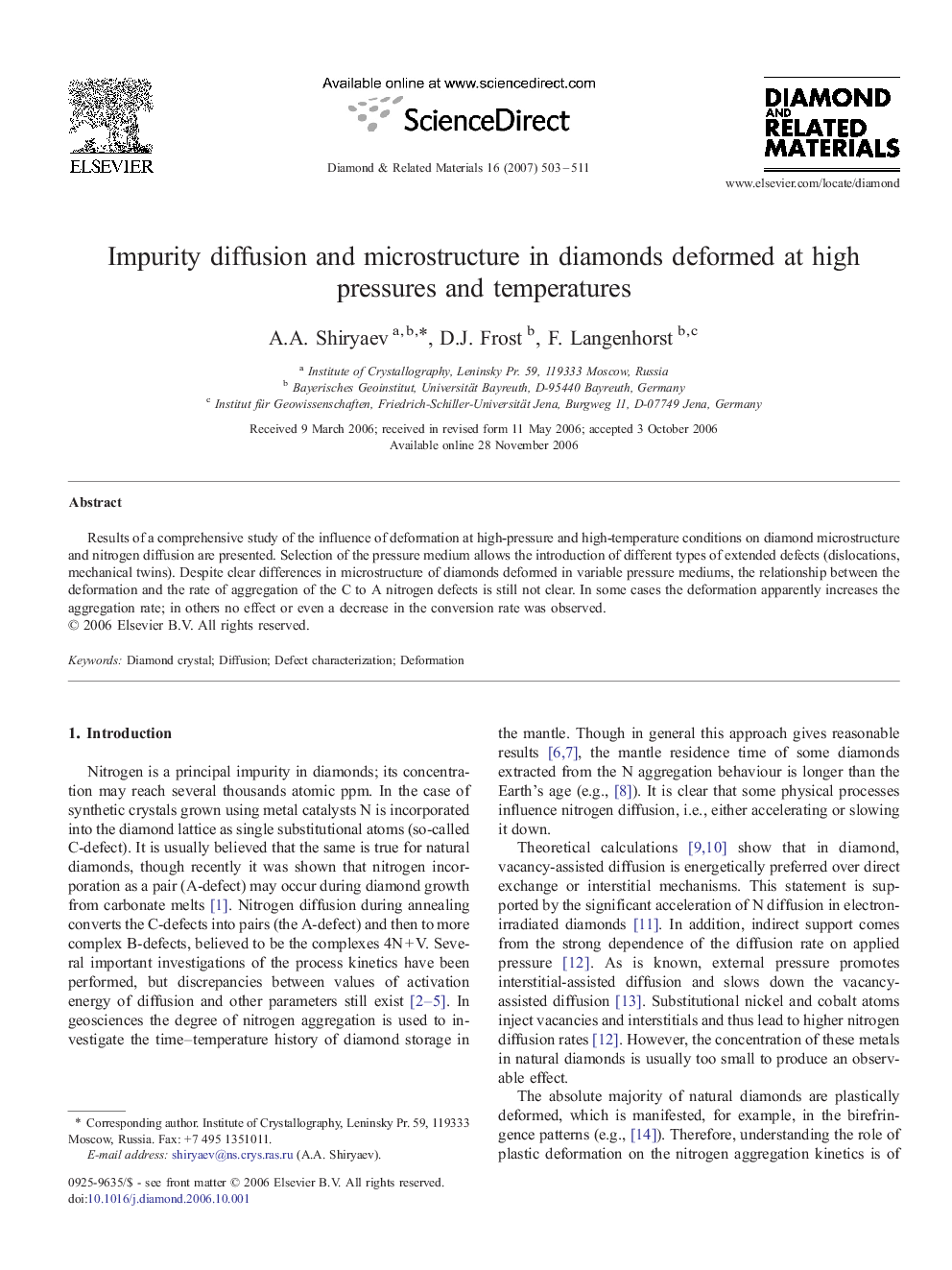 Impurity diffusion and microstructure in diamonds deformed at high pressures and temperatures