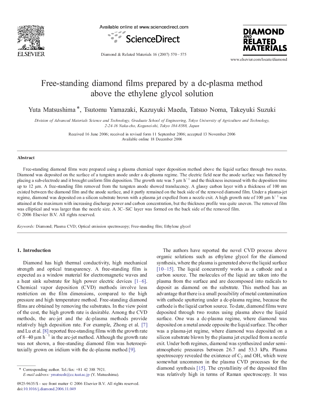 Free-standing diamond films prepared by a dc-plasma method above the ethylene glycol solution