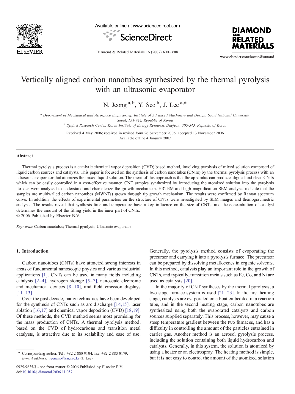 Vertically aligned carbon nanotubes synthesized by the thermal pyrolysis with an ultrasonic evaporator