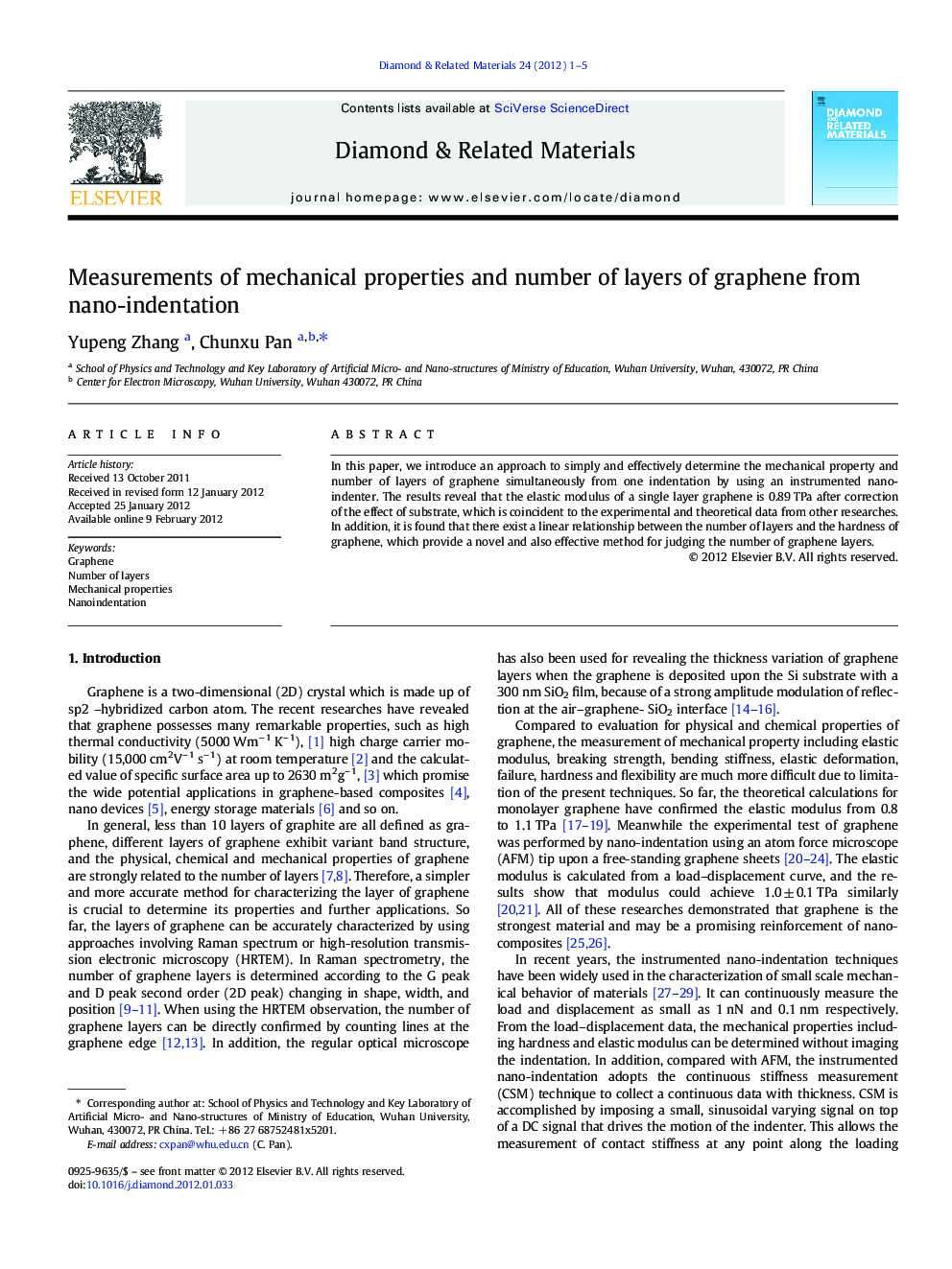 Measurements of mechanical properties and number of layers of graphene from nano-indentation