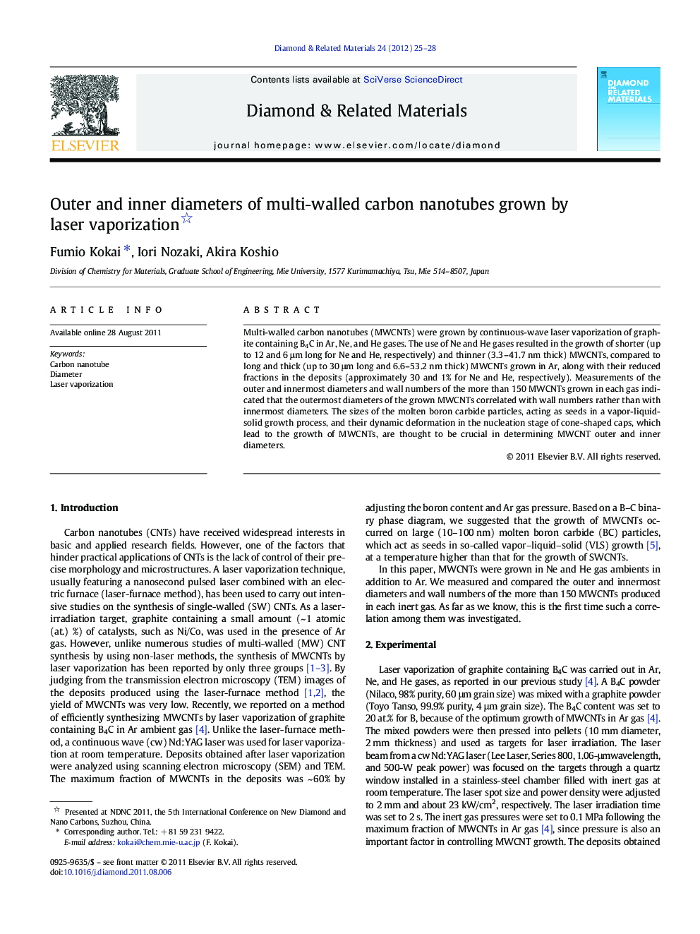 Outer and inner diameters of multi-walled carbon nanotubes grown by laser vaporization 