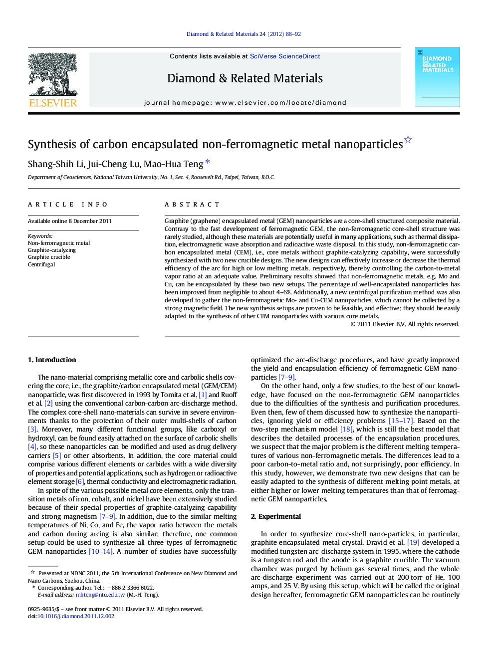 Synthesis of carbon encapsulated non-ferromagnetic metal nanoparticles 