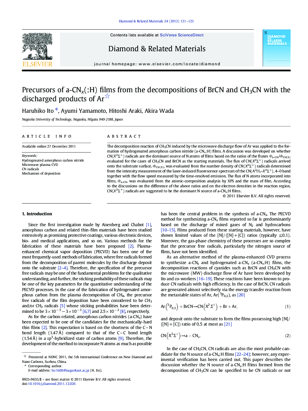 Precursors of a-CNx(:H) films from the decompositions of BrCN and CH3CN with the discharged products of Ar 