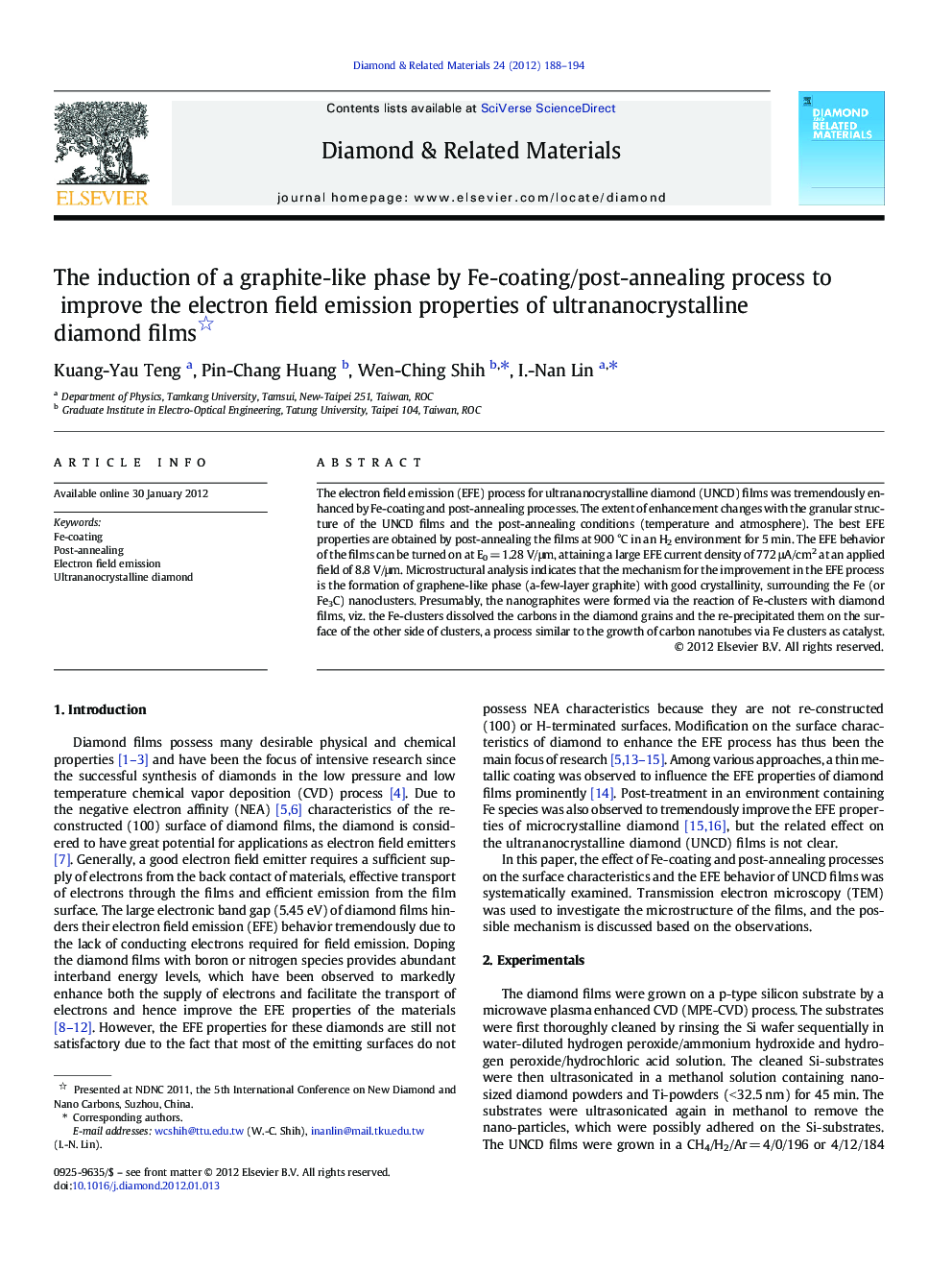 The induction of a graphite-like phase by Fe-coating/post-annealing process to improve the electron field emission properties of ultrananocrystalline diamond films 