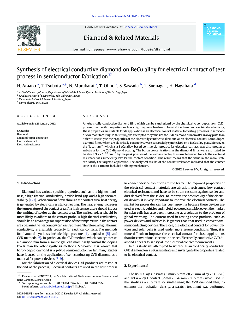 Synthesis of electrical conductive diamond on BeCu alloy for electrical contact of test process in semiconductor fabrication 