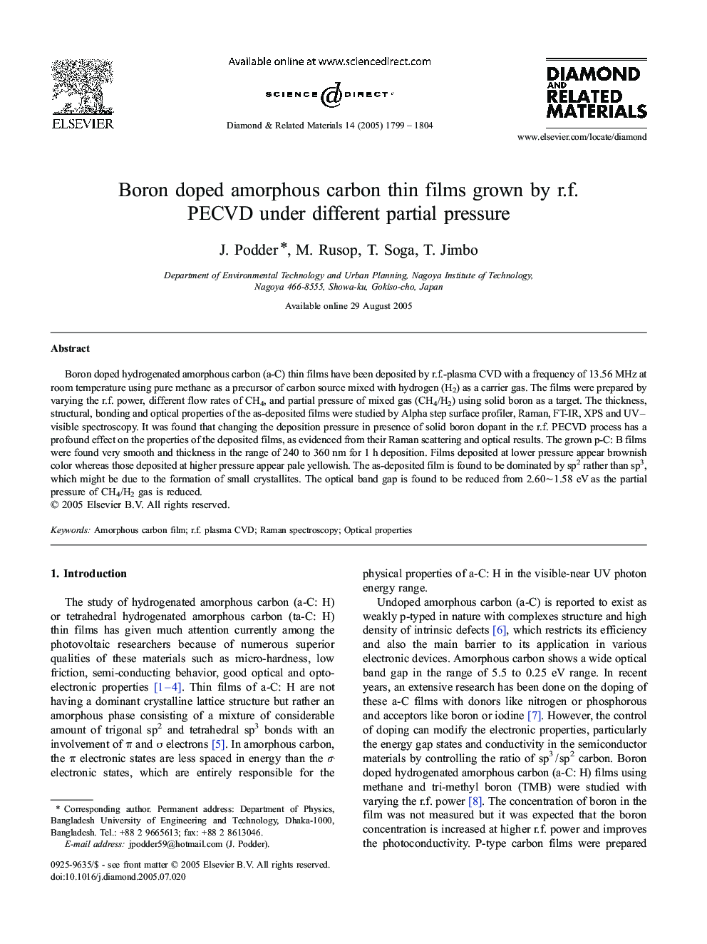 Boron doped amorphous carbon thin films grown by r.f. PECVD under different partial pressure