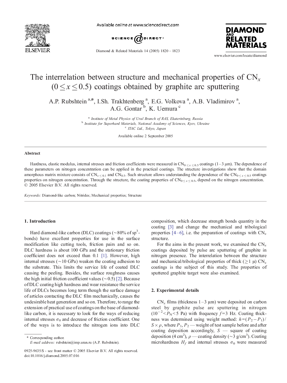 The interrelation between structure and mechanical properties of CNx (0 ≤ x ≤ 0.5) coatings obtained by graphite arc sputtering