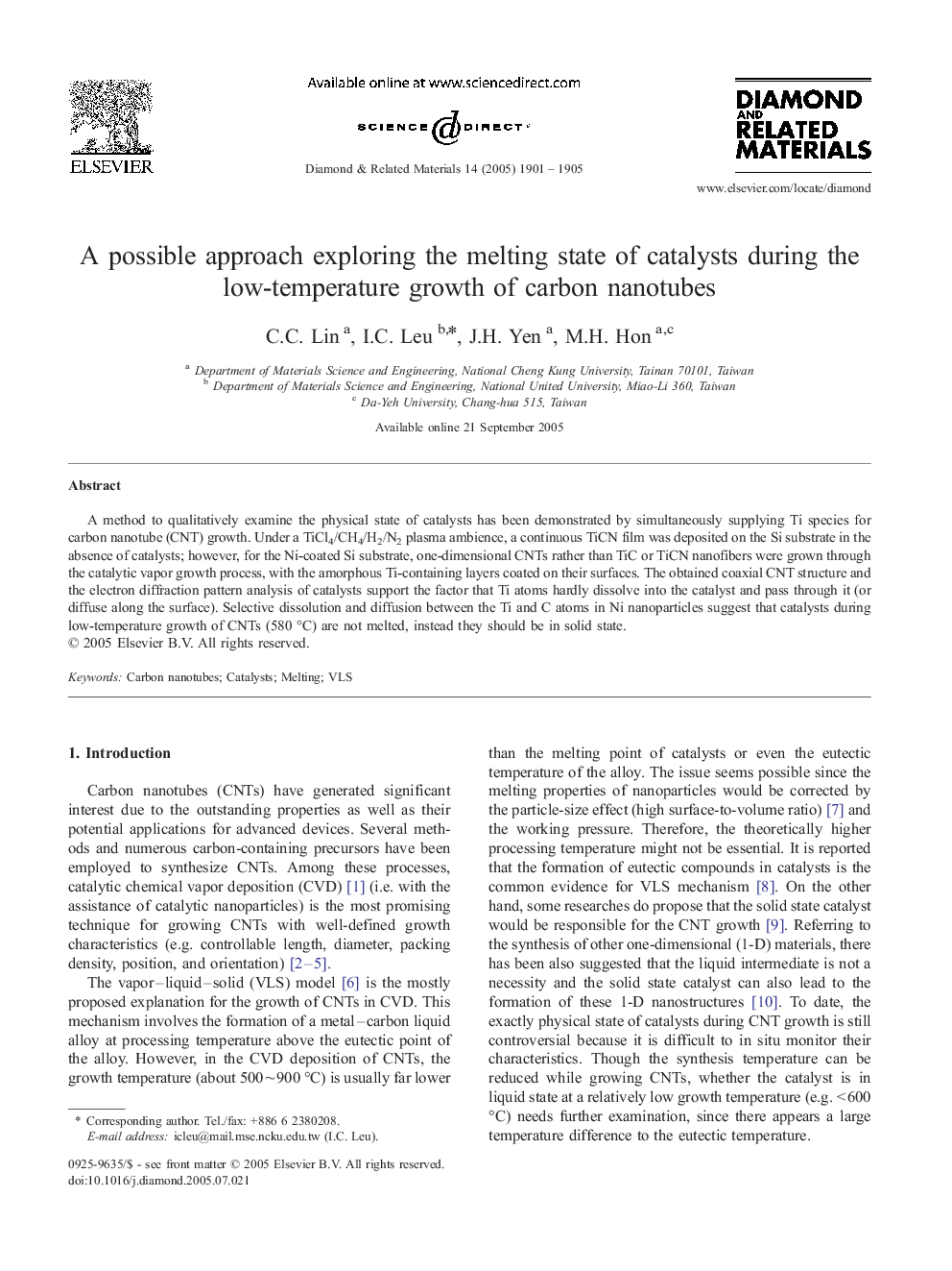 A possible approach exploring the melting state of catalysts during the low-temperature growth of carbon nanotubes