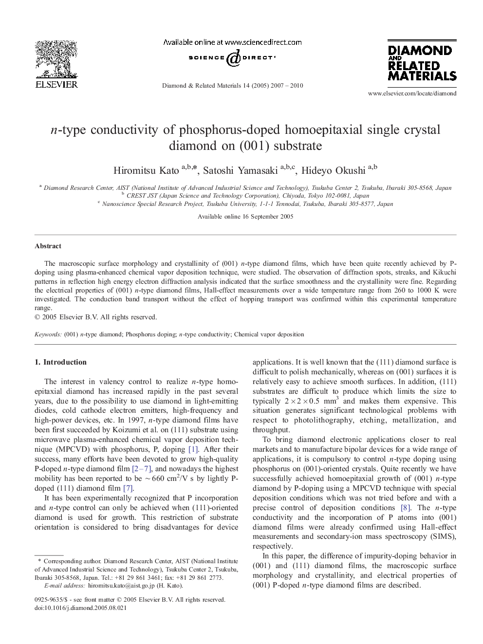 n-type conductivity of phosphorus-doped homoepitaxial single crystal diamond on (001) substrate