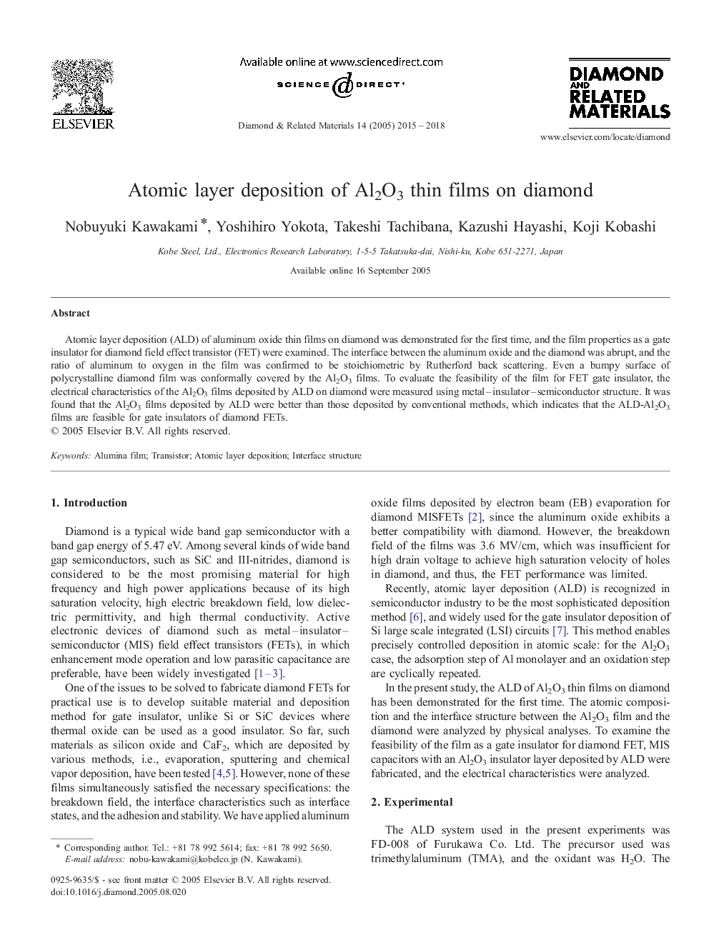 Atomic layer deposition of Al2O3 thin films on diamond
