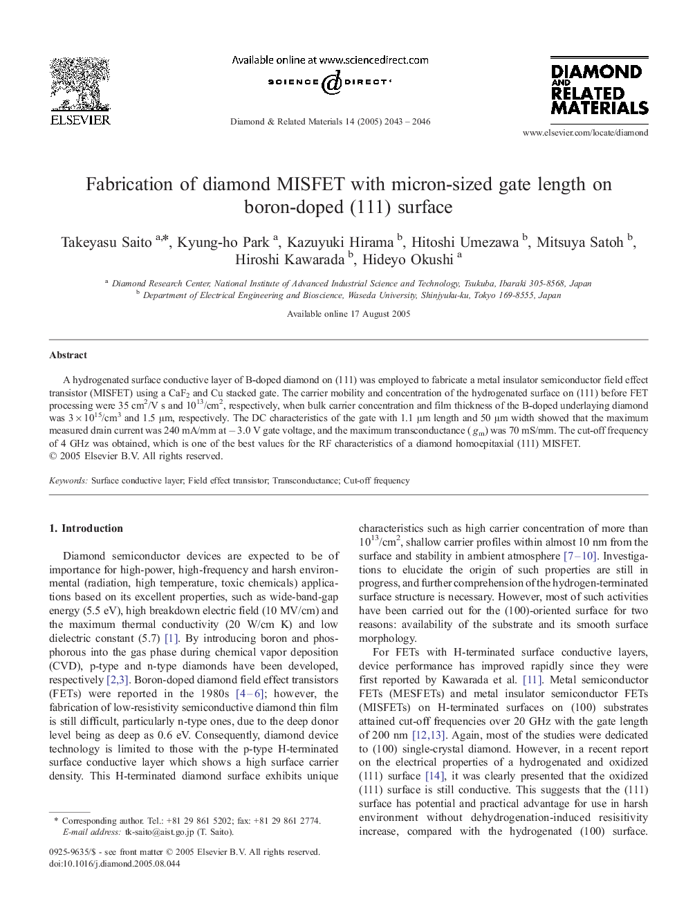 Fabrication of diamond MISFET with micron-sized gate length on boron-doped (111) surface