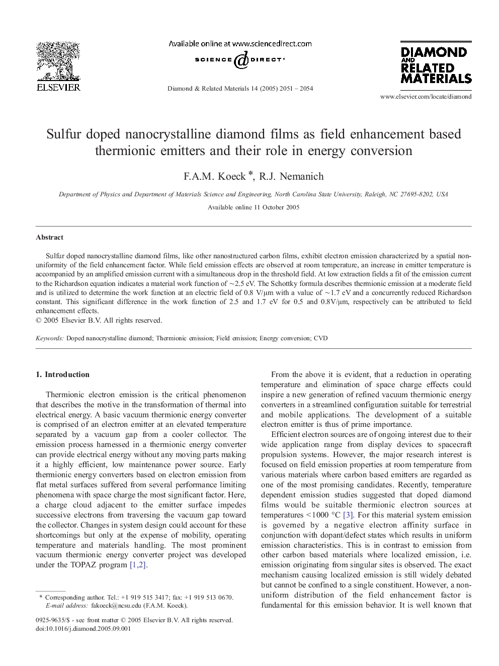 Sulfur doped nanocrystalline diamond films as field enhancement based thermionic emitters and their role in energy conversion