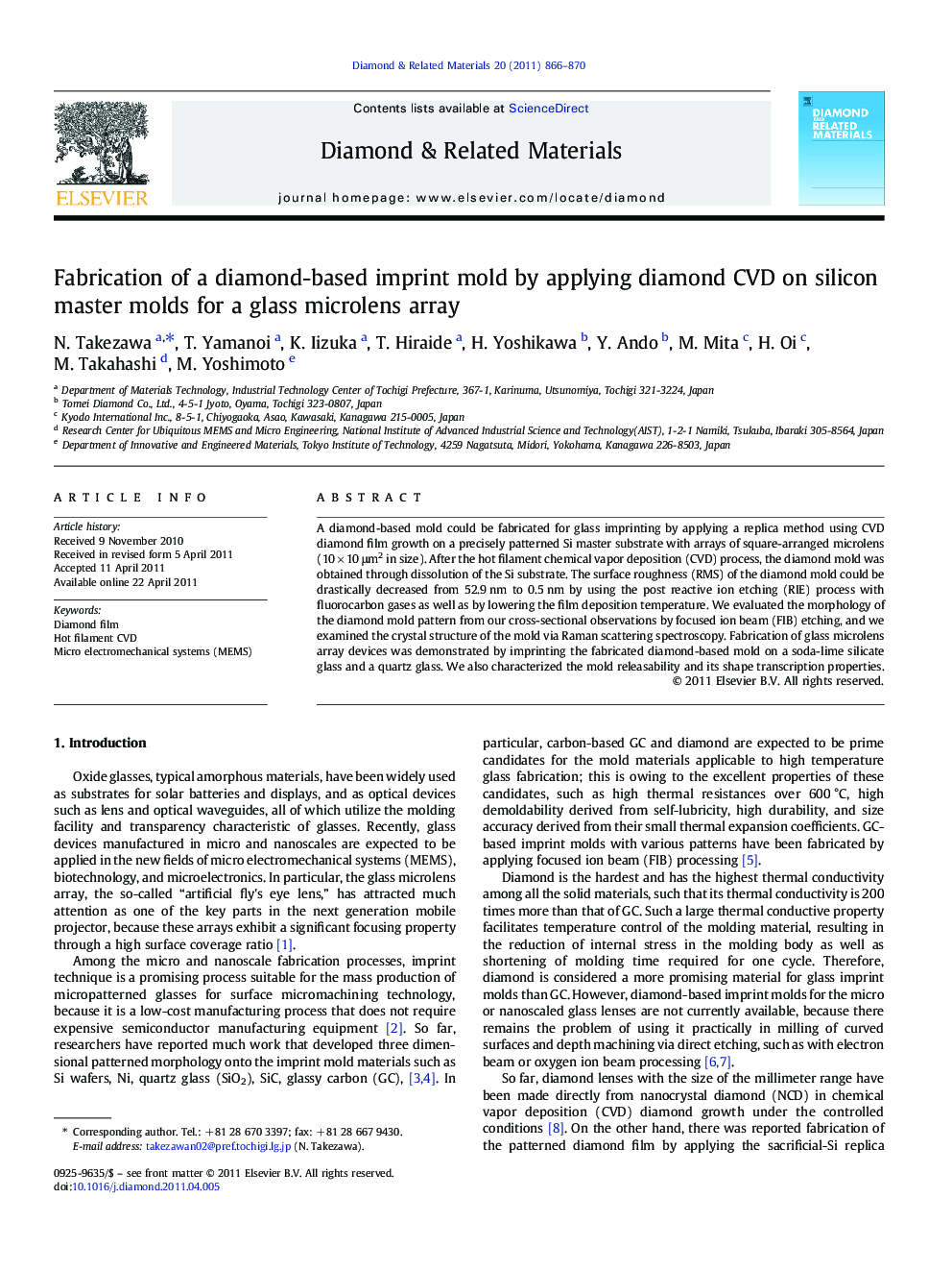 Fabrication of a diamond-based imprint mold by applying diamond CVD on silicon master molds for a glass microlens array