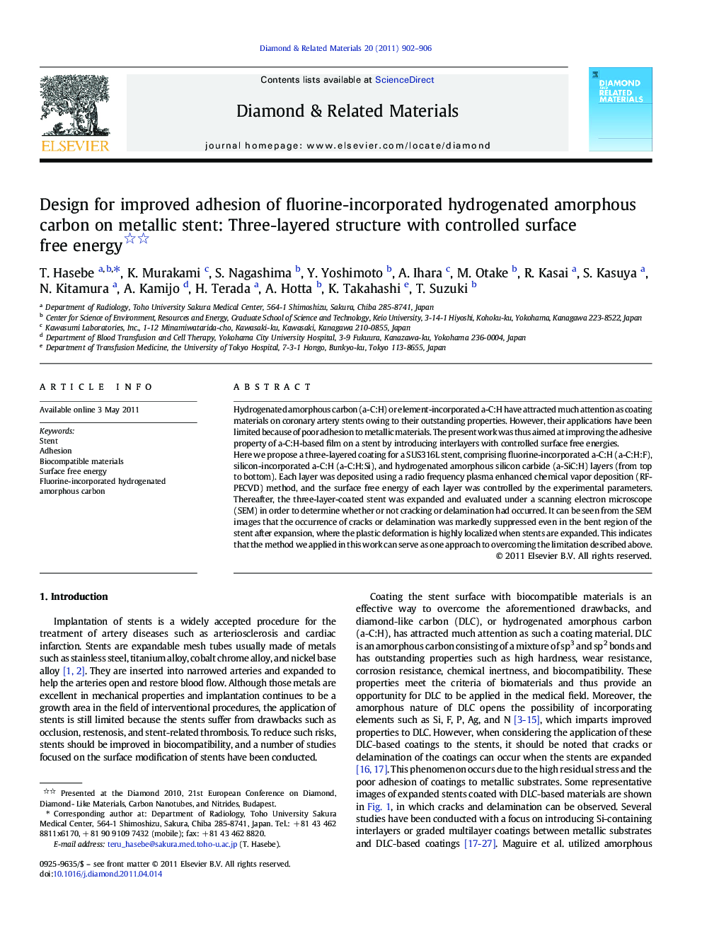 Design for improved adhesion of fluorine-incorporated hydrogenated amorphous carbon on metallic stent: Three-layered structure with controlled surface free energy 