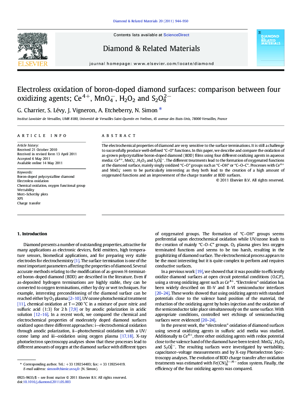 Electroless oxidation of boron-doped diamond surfaces: comparison between four oxidizing agents; Ce4+, MnO4−, H2O2 and S2O82−