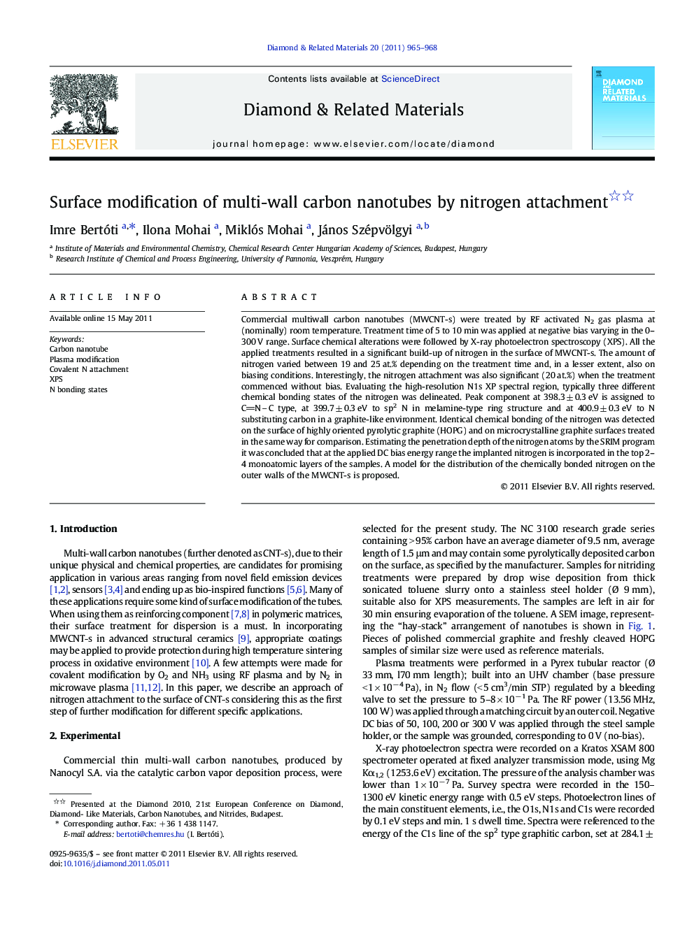 Surface modification of multi-wall carbon nanotubes by nitrogen attachment 