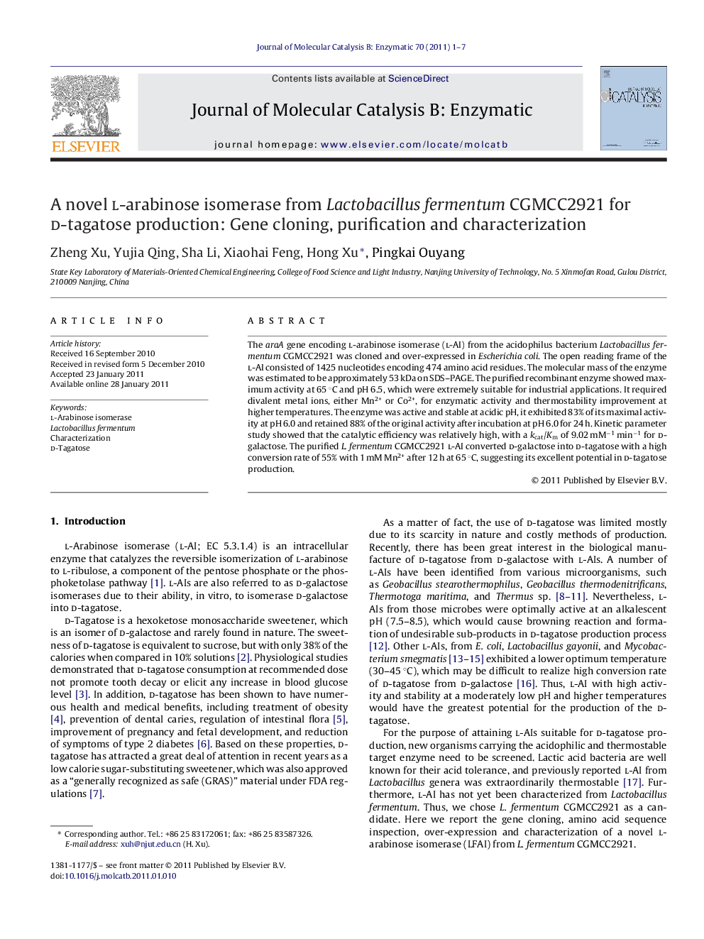 A novel l-arabinose isomerase from Lactobacillus fermentum CGMCC2921 for d-tagatose production: Gene cloning, purification and characterization