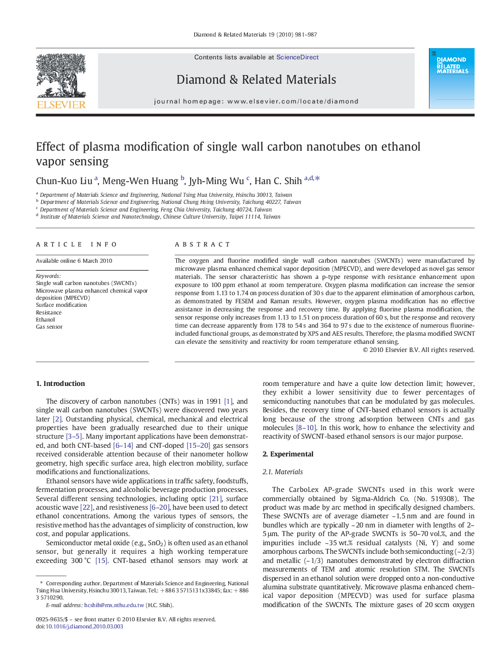 Effect of plasma modification of single wall carbon nanotubes on ethanol vapor sensing