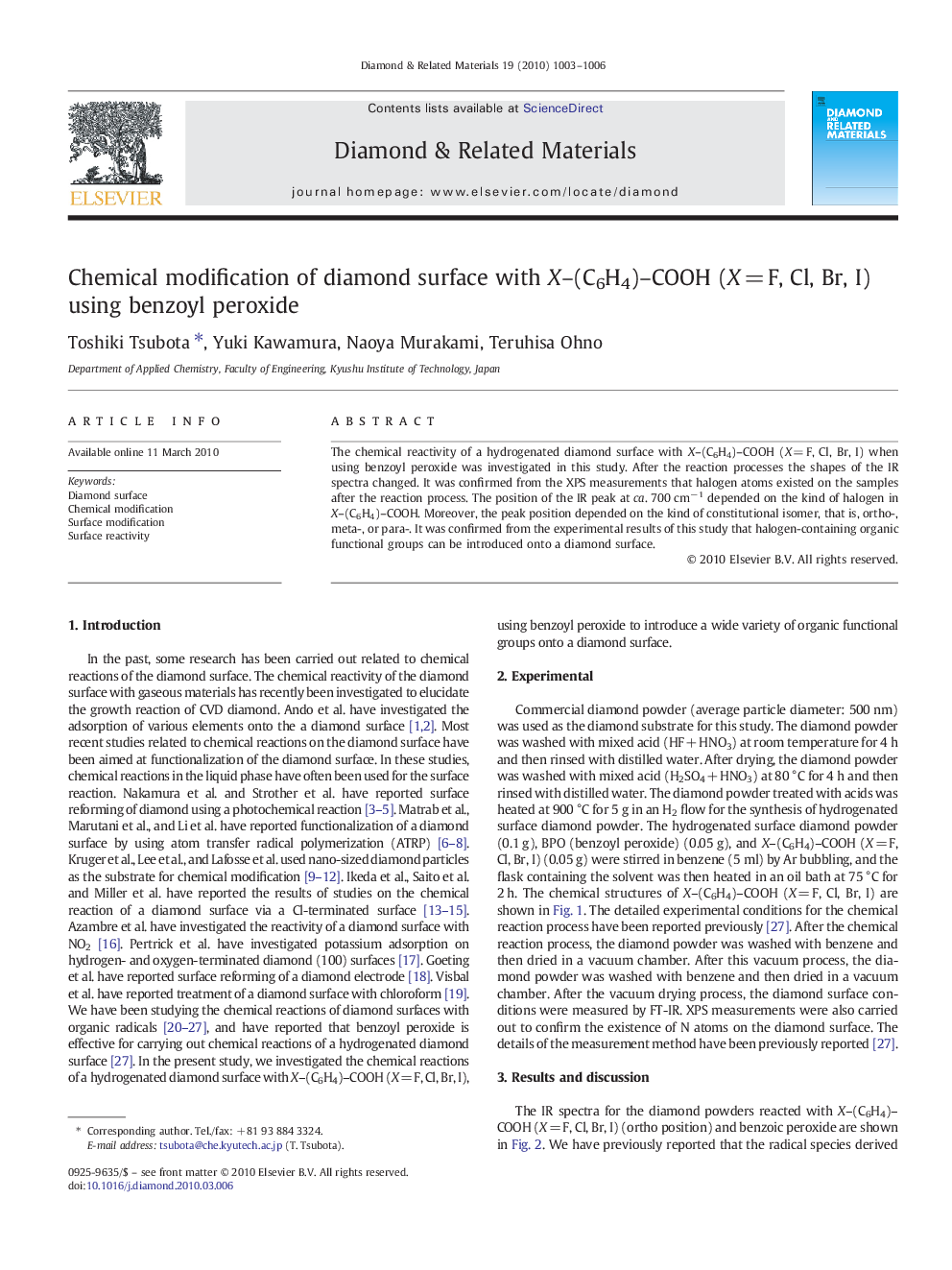 Chemical modification of diamond surface with X–(C6H4)–COOH (X = F, Cl, Br, I) using benzoyl peroxide