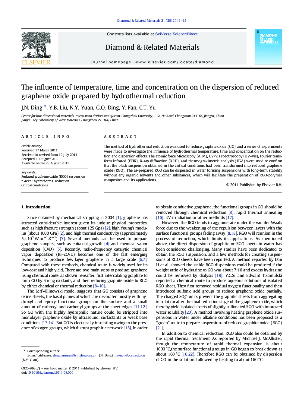 The influence of temperature, time and concentration on the dispersion of reduced graphene oxide prepared by hydrothermal reduction