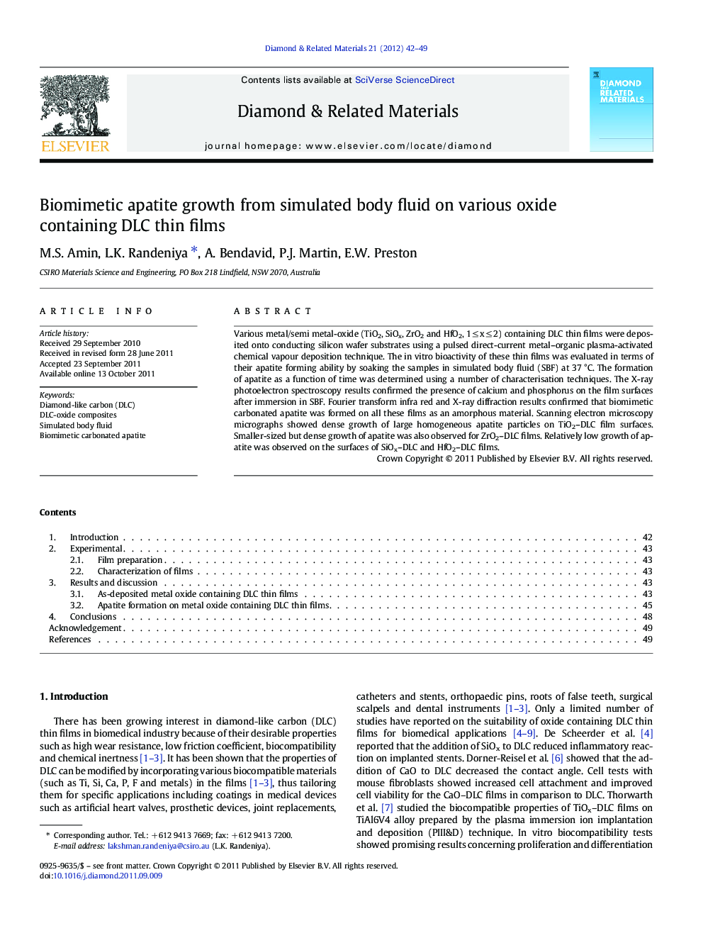 Biomimetic apatite growth from simulated body fluid on various oxide containing DLC thin films