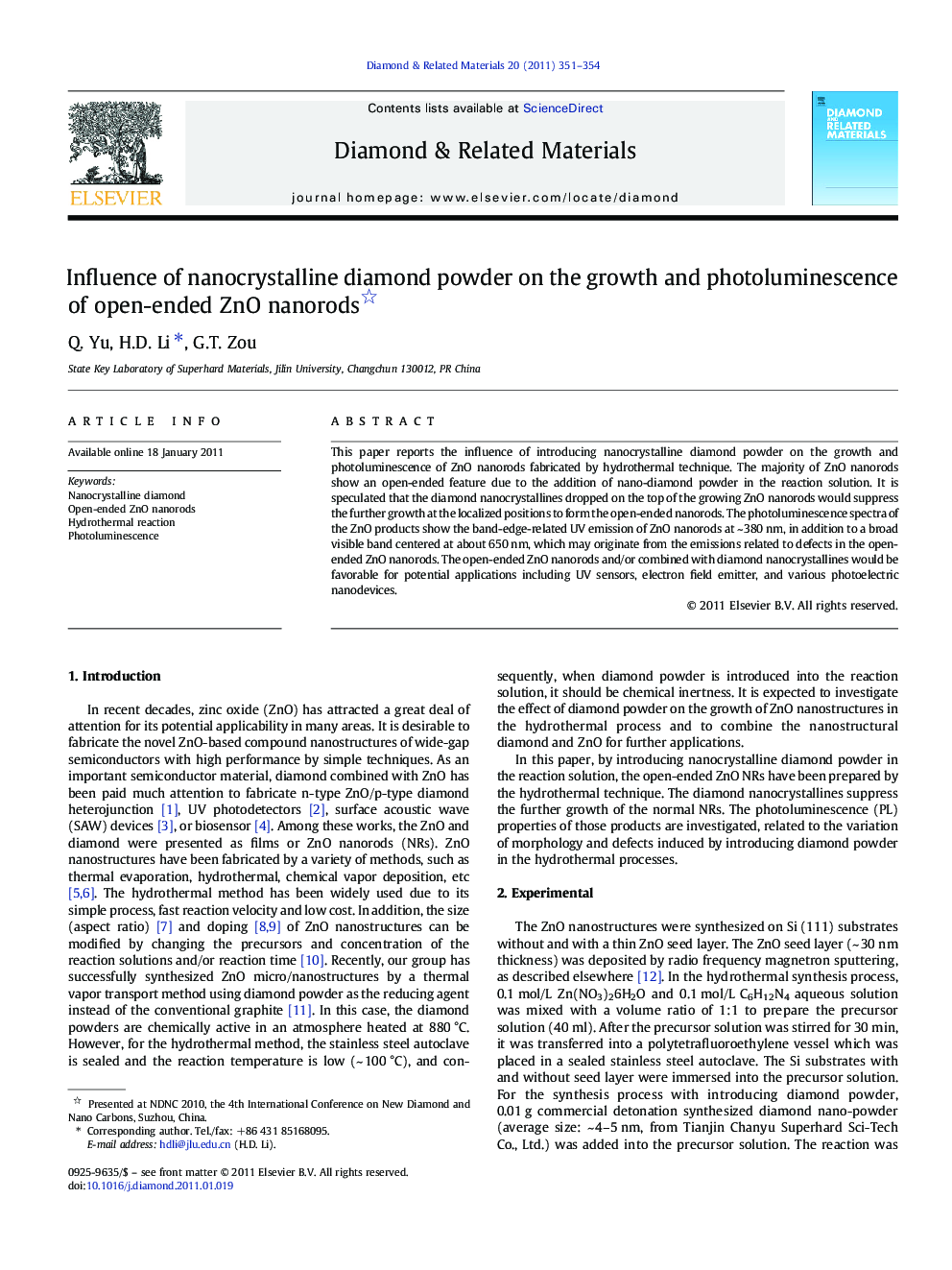 عکس صفحه اول مقاله: Influence of nanocrystalline diamond powder on the growth and photoluminescence of open-ended ZnO nanorods Influence of nanocrystalline diamond powder on the growth and photoluminescence of open-ended ZnO nanorods