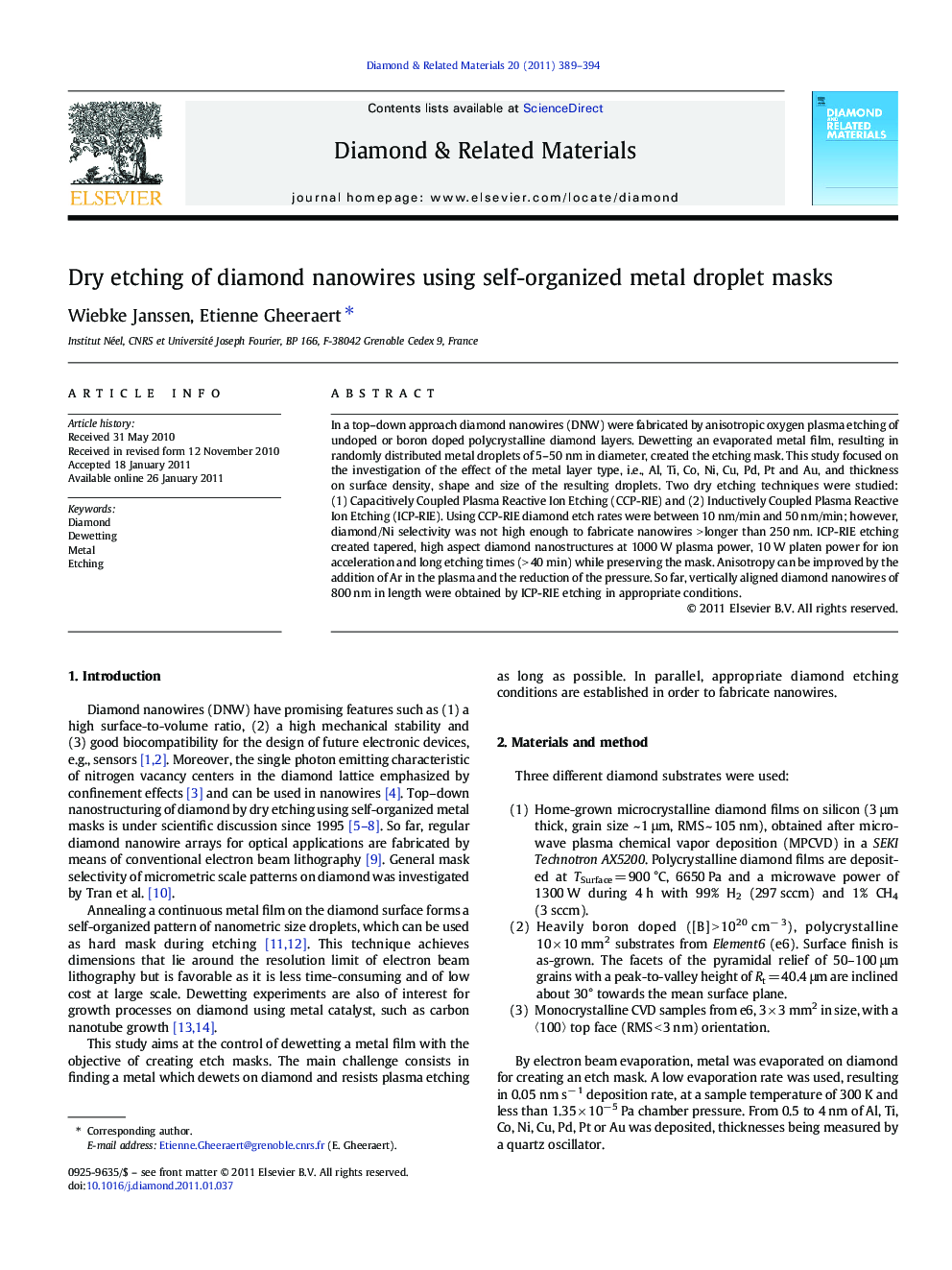 عکس صفحه اول مقاله: Dry etching of diamond nanowires using self-organized metal droplet masks Dry etching of diamond nanowires using self-organized metal droplet masks