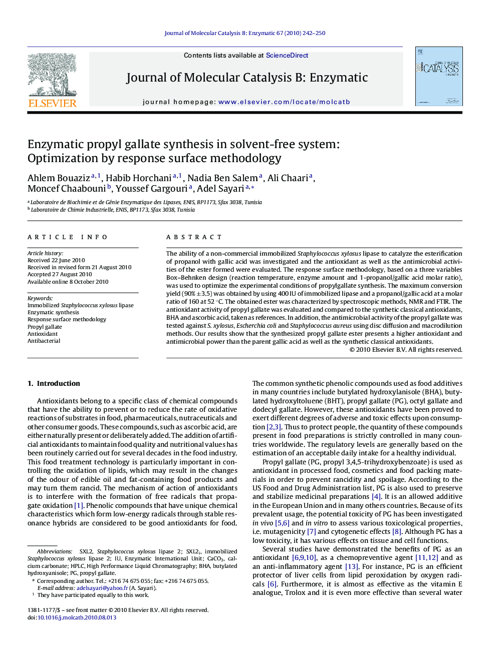 Enzymatic propyl gallate synthesis in solvent-free system: Optimization by response surface methodology