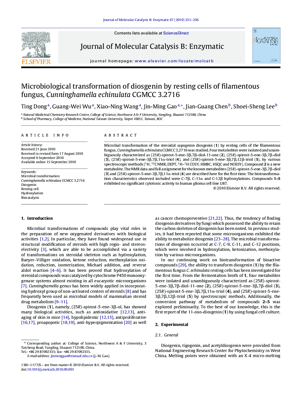 Microbiological transformation of diosgenin by resting cells of filamentous fungus, Cunninghamella echinulata CGMCC 3.2716