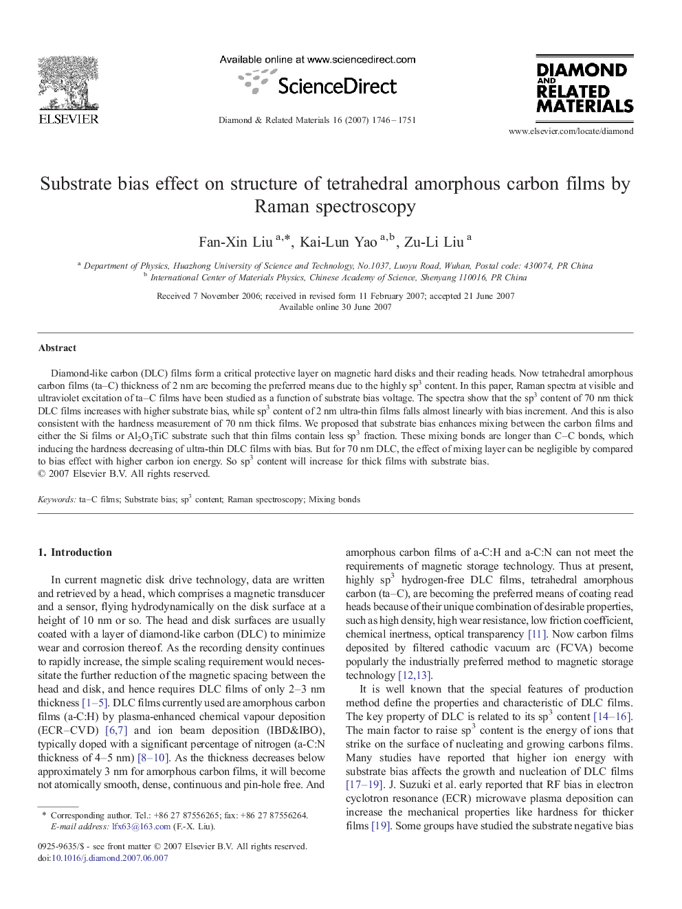 Substrate bias effect on structure of tetrahedral amorphous carbon films by Raman spectroscopy