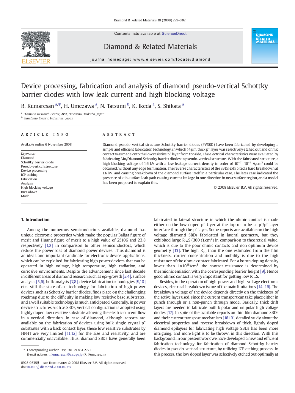 Device processing, fabrication and analysis of diamond pseudo-vertical Schottky barrier diodes with low leak current and high blocking voltage