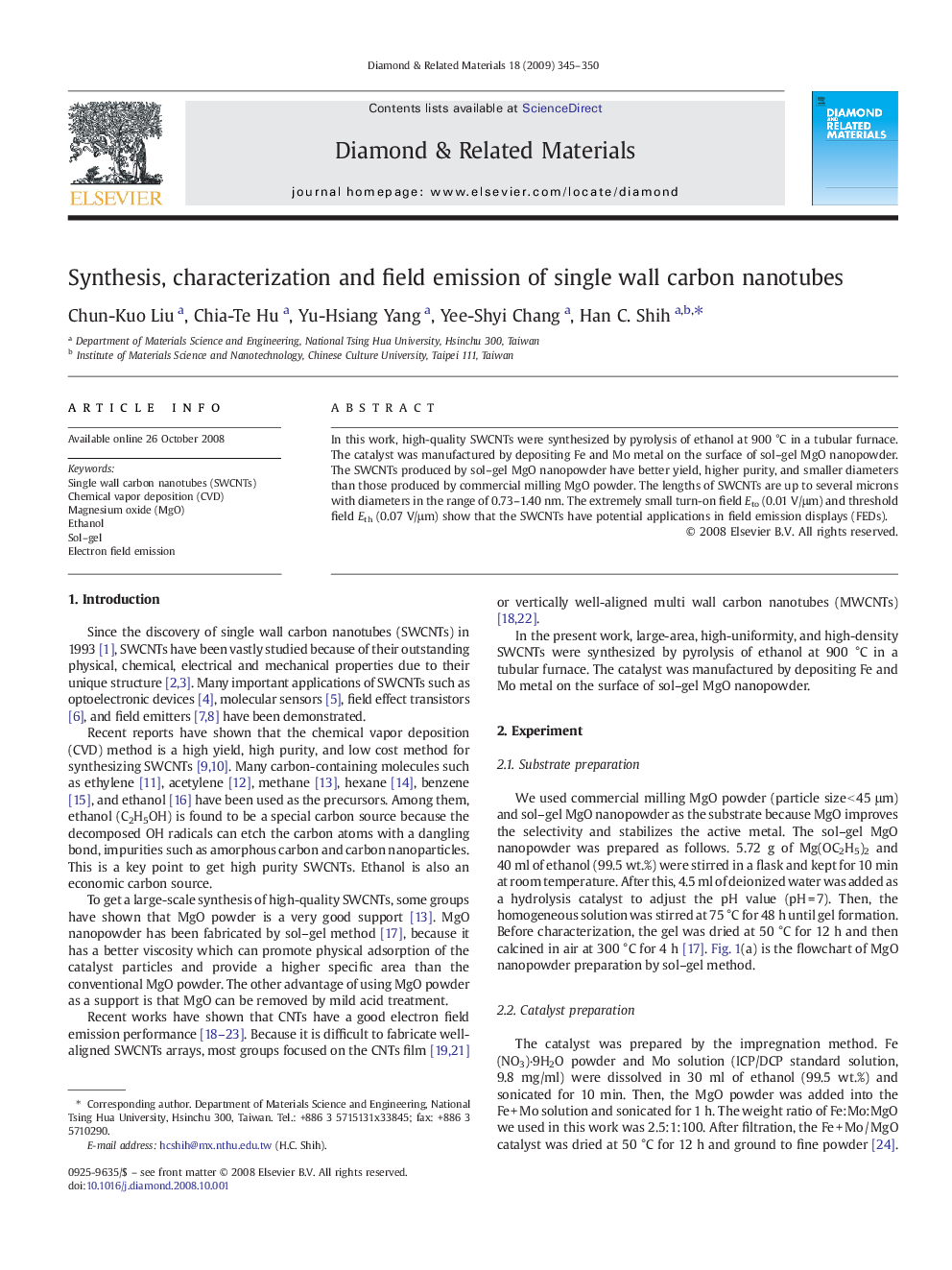 Synthesis, characterization and field emission of single wall carbon nanotubes