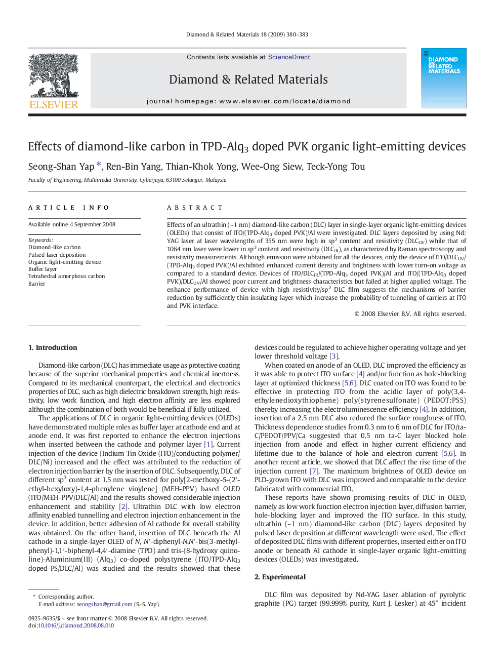 Effects of diamond-like carbon in TPD-Alq3 doped PVK organic light-emitting devices