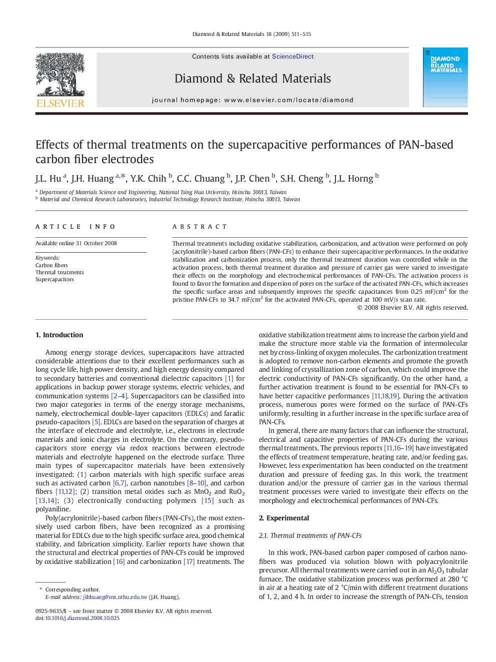 Effects of thermal treatments on the supercapacitive performances of PAN-based carbon fiber electrodes