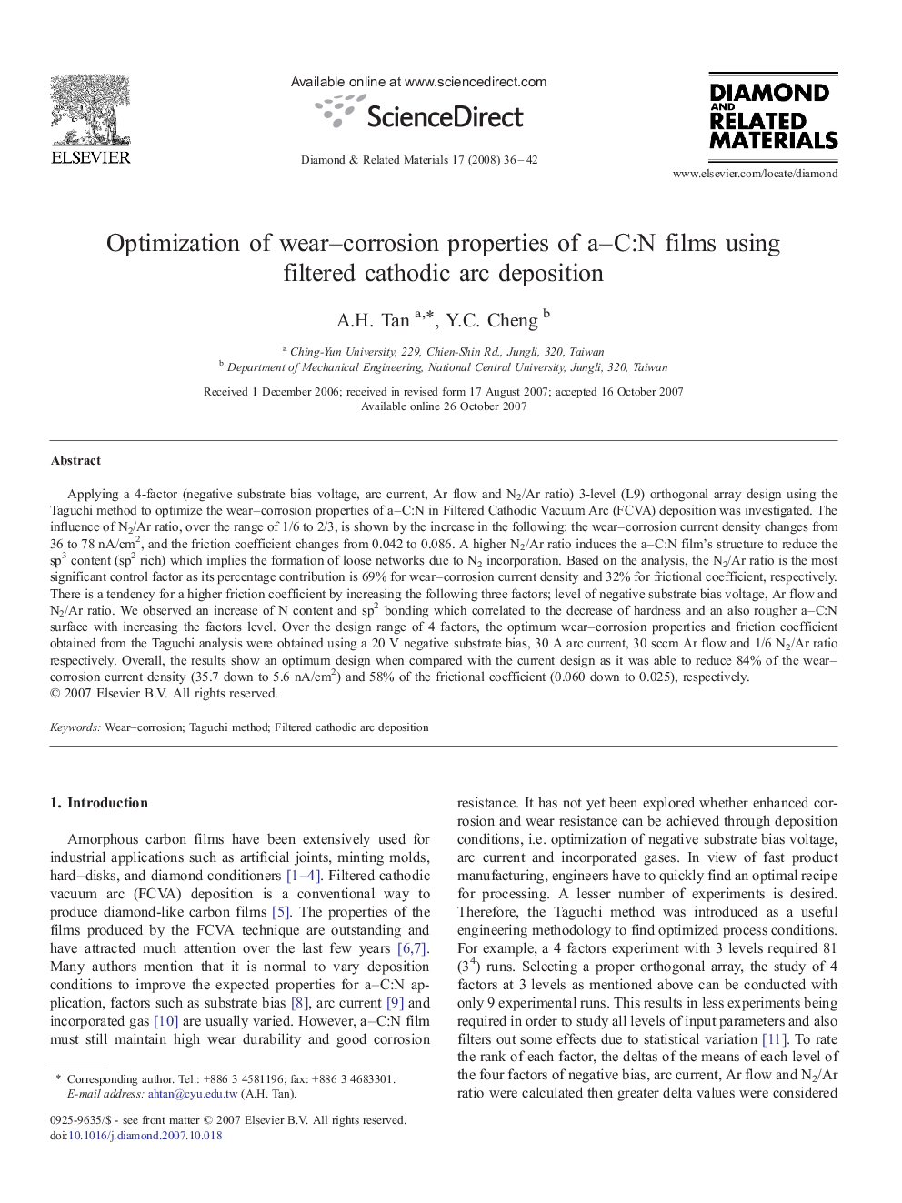 Optimization of wear–corrosion properties of a–C:N films using filtered cathodic arc deposition