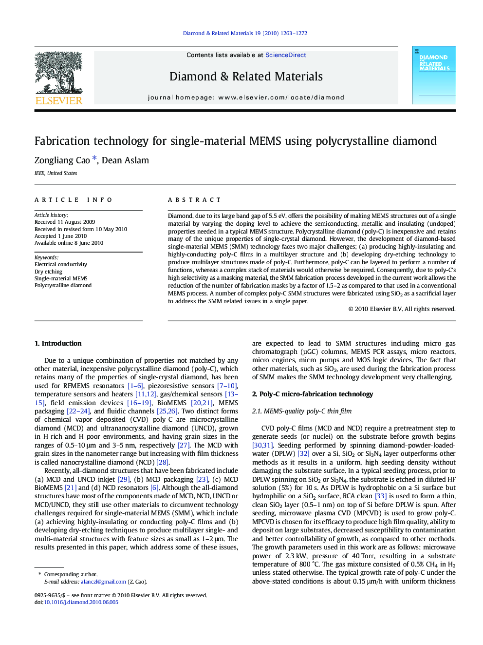 Fabrication technology for single-material MEMS using polycrystalline diamond