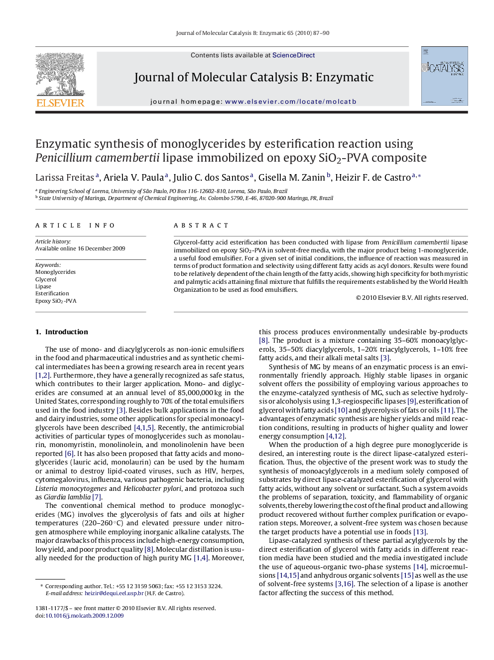 Enzymatic synthesis of monoglycerides by esterification reaction using Penicillium camembertii lipase immobilized on epoxy SiO2-PVA composite