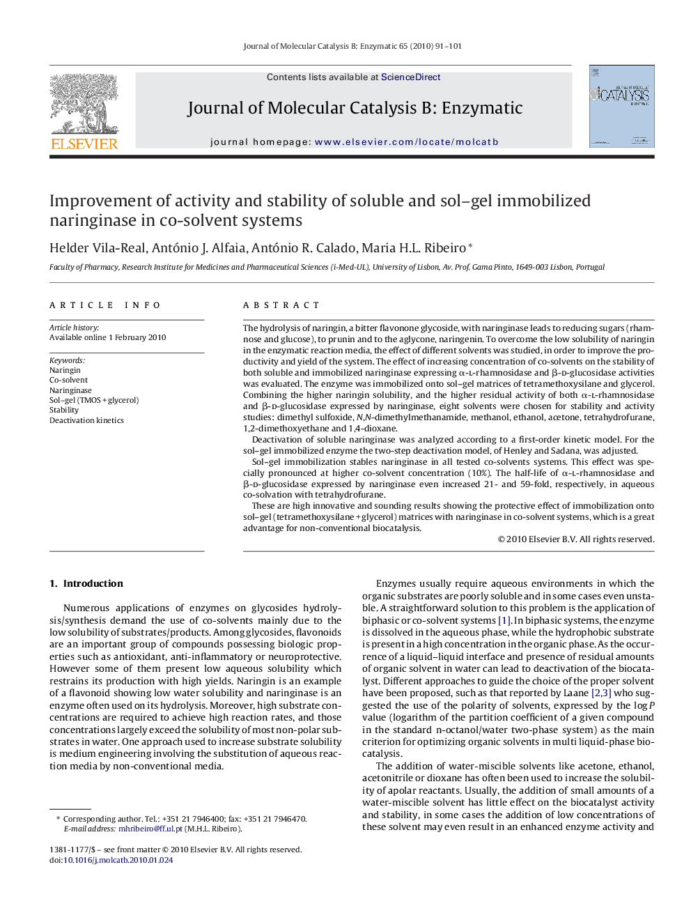 Improvement of activity and stability of soluble and sol–gel immobilized naringinase in co-solvent systems