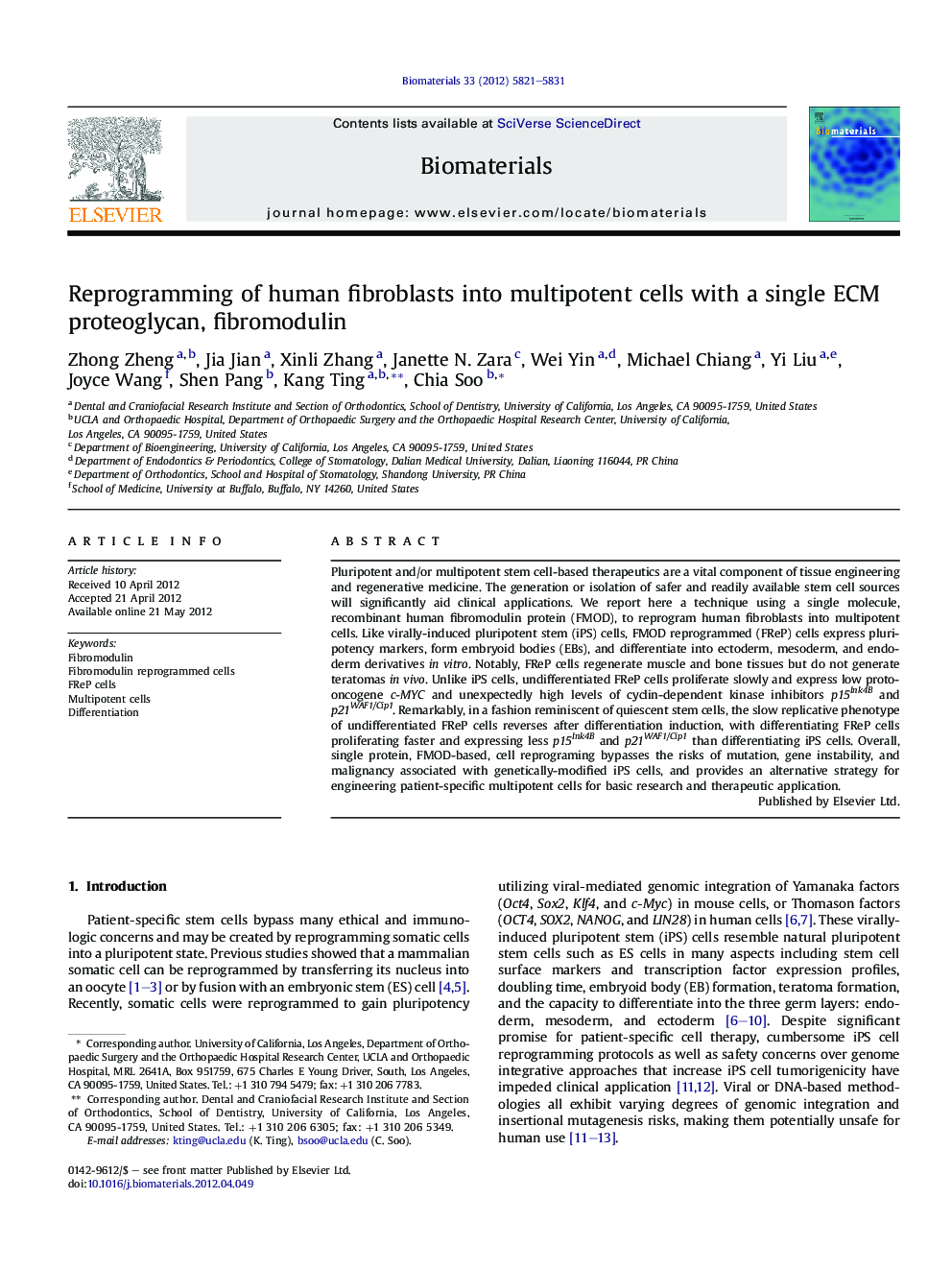 Reprogramming of human fibroblasts into multipotent cells with a single ECM proteoglycan, fibromodulin