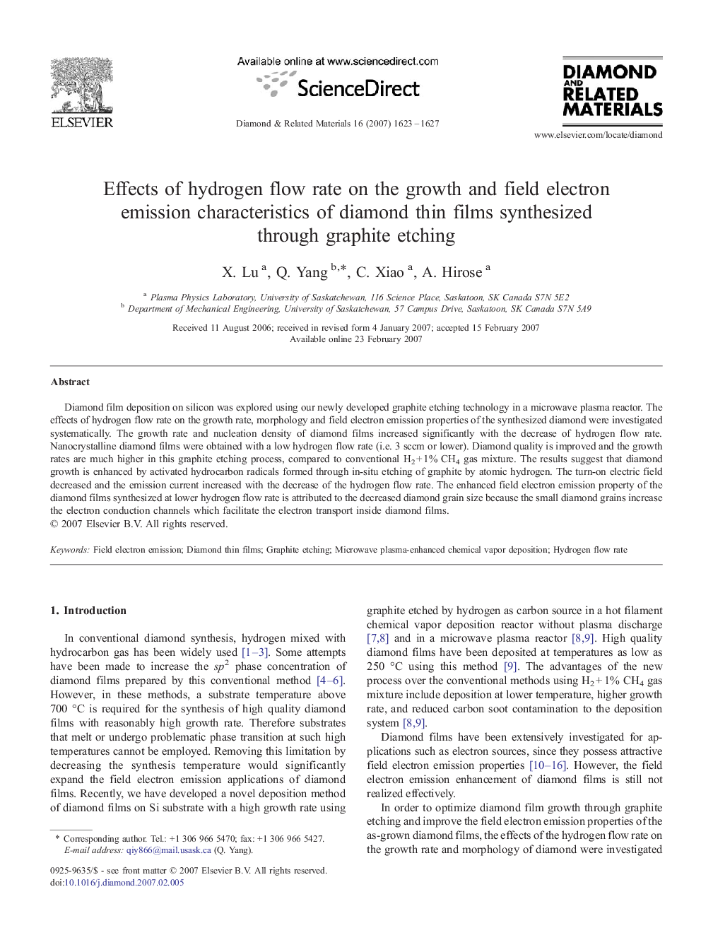 Effects of hydrogen flow rate on the growth and field electron emission characteristics of diamond thin films synthesized through graphite etching