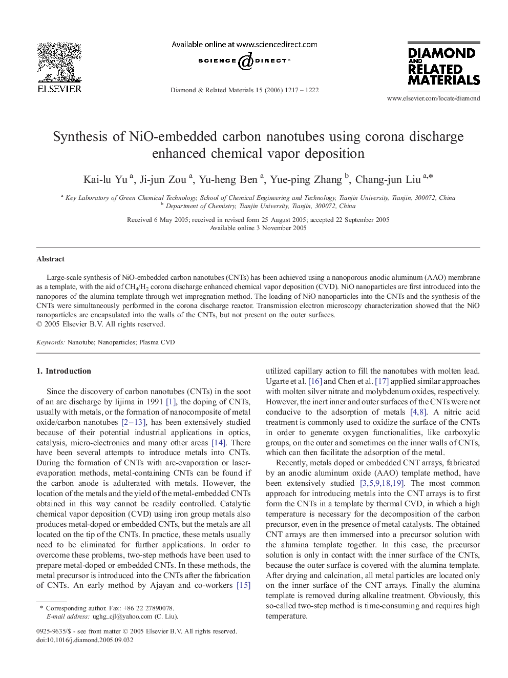 Synthesis of NiO-embedded carbon nanotubes using corona discharge enhanced chemical vapor deposition