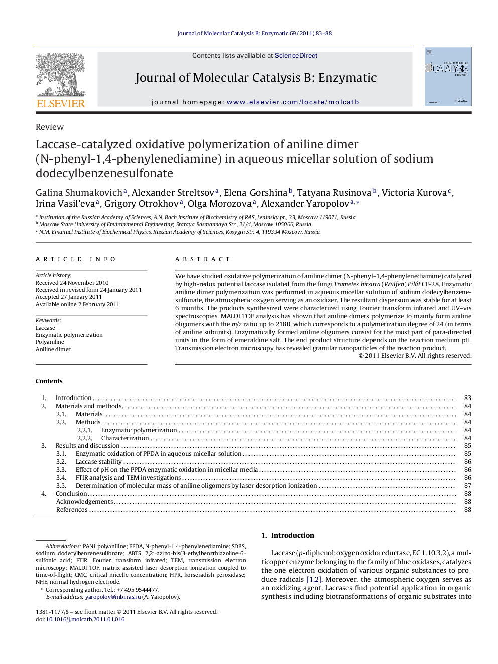 Laccase-catalyzed oxidative polymerization of aniline dimer (N-phenyl-1,4-phenylenediamine) in aqueous micellar solution of sodium dodecylbenzenesulfonate