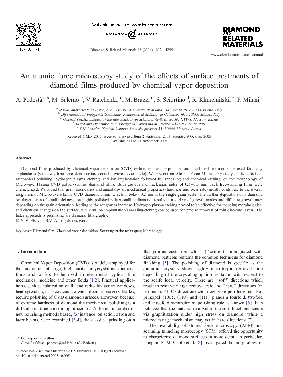 An atomic force microscopy study of the effects of surface treatments of diamond films produced by chemical vapor deposition