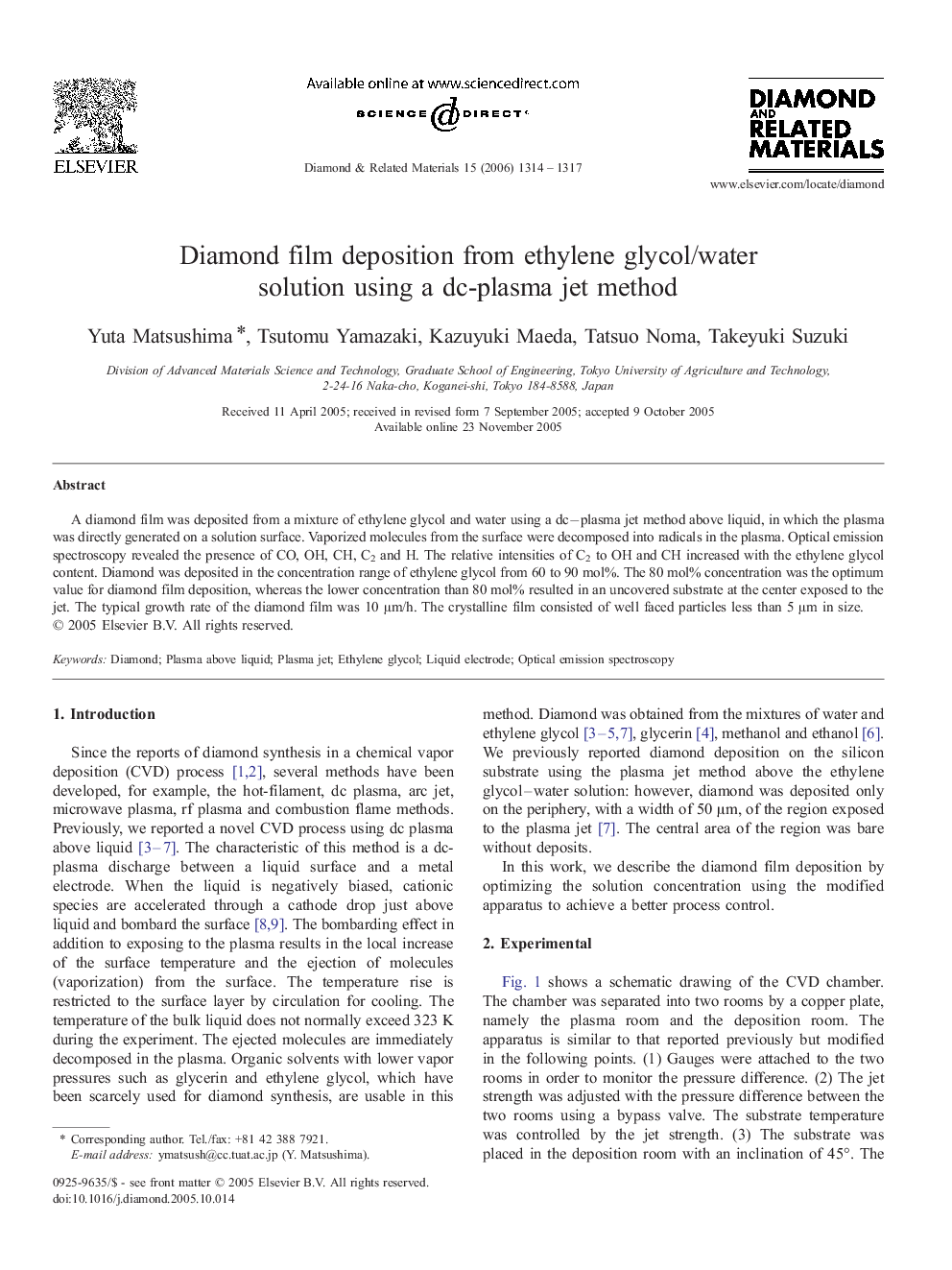 Diamond film deposition from ethylene glycol/water solution using a dc-plasma jet method