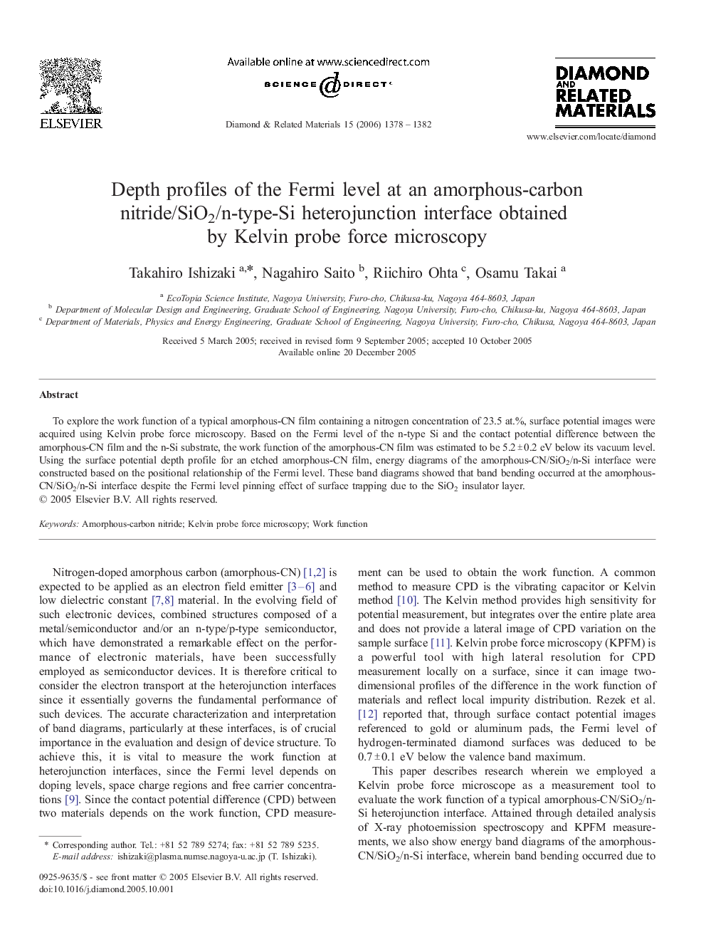 Depth profiles of the Fermi level at an amorphous-carbon nitride/SiO2/n-type-Si heterojunction interface obtained by Kelvin probe force microscopy