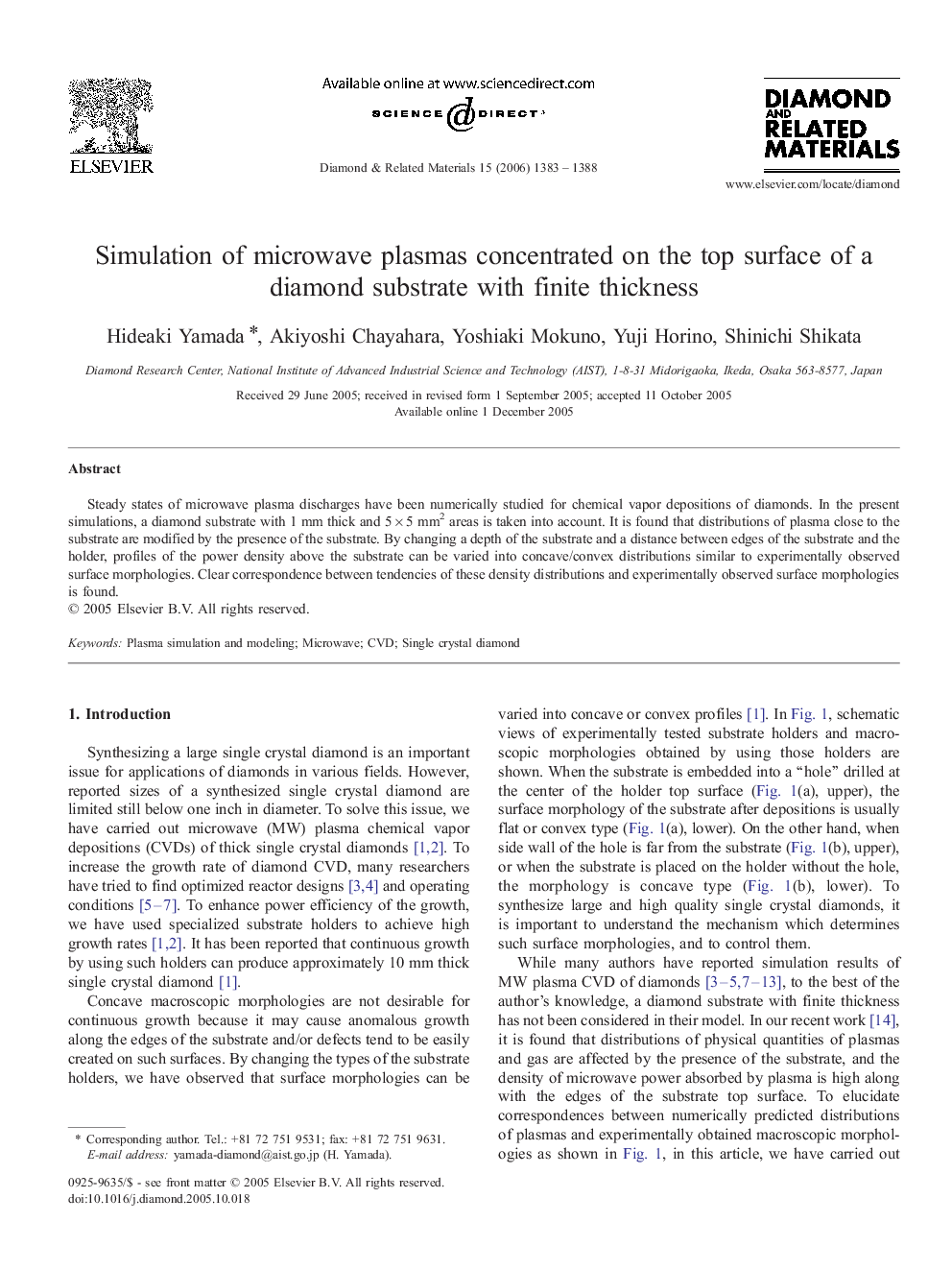 Simulation of microwave plasmas concentrated on the top surface of a diamond substrate with finite thickness