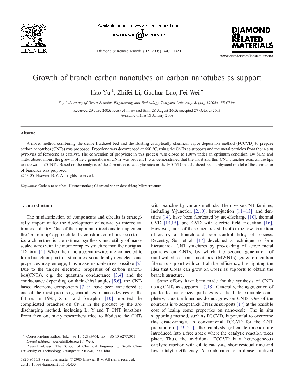 عکس صفحه اول مقاله: Growth of branch carbon nanotubes on carbon nanotubes as support Growth of branch carbon nanotubes on carbon nanotubes as support