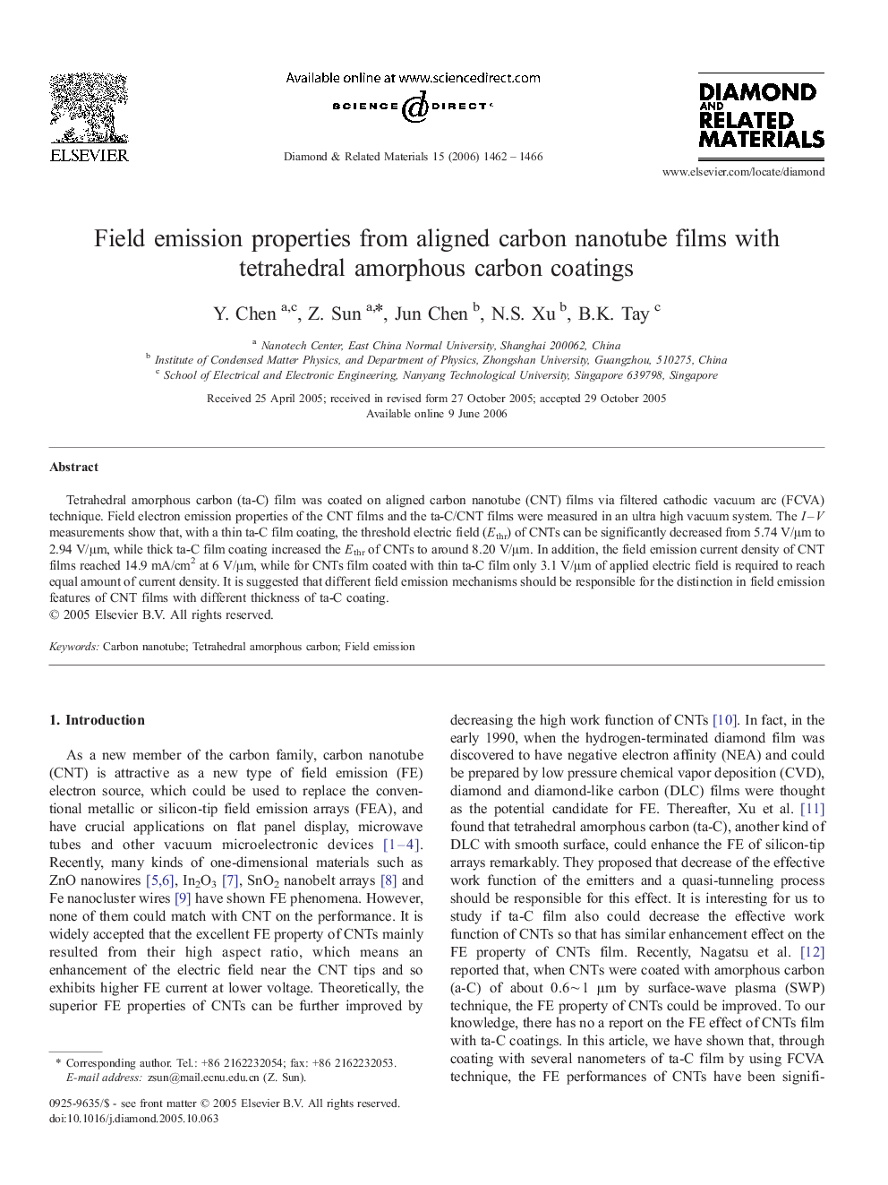 Field emission properties from aligned carbon nanotube films with tetrahedral amorphous carbon coatings