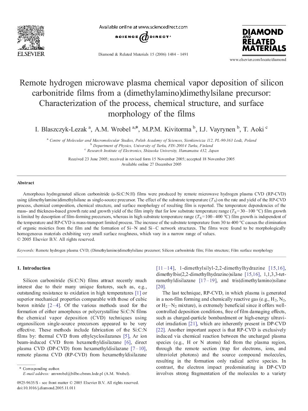 Remote hydrogen microwave plasma chemical vapor deposition of silicon carbonitride films from a (dimethylamino)dimethylsilane precursor: Characterization of the process, chemical structure, and surface morphology of the films